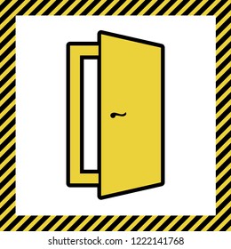 Door sign illustration. Vector. Warm yellow icon with black contour in frame named as under construction at white background. Isolated.