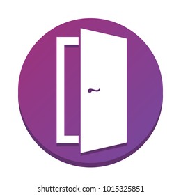 Door sign illustration. Vector. White icon with flat shadow on purpureus circle at white background. Isolated.