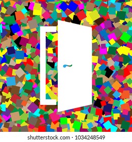 Door sign illustration. Vector. White icon on colorful background with seamless pattern from squares.