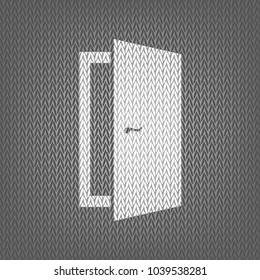 Door sign illustration. Vector. White knitted icon on gray knitted background. Isolated.