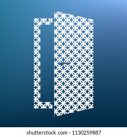 Door sign illustration. Vector. White textured icon at lapis lazuli gradient background.