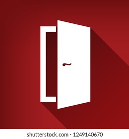 Door sign illustration. Vector. White icon with limitless shadow at ruby red background.
