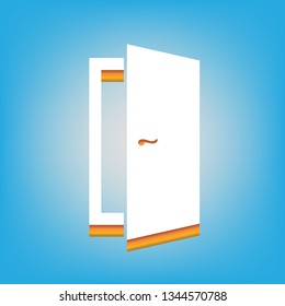 Door sign illustration. Vector. White icon with 3d warm-colored gradient body at sky blue background.