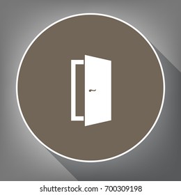 Door sign illustration. Vector. White icon on brown circle with white contour and long shadow at gray background. Like top view on postament.