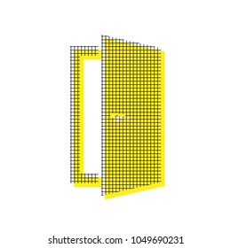 Door sign illustration. Vector. Yellow icon with square pattern duplicate at white background. Isolated.