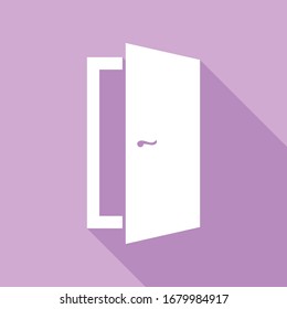 Door sign illustration. White Icon with long shadow at purple background. Illustration.