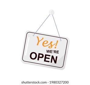 Door sign italics letter spelling nameplate yes we are open made of metal, displaying the name. Flat cartoon vector illustration concept design online web banner isolated on white background.