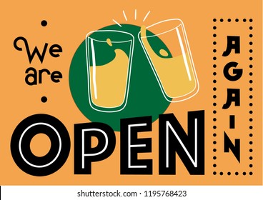 Door sign with lettering We are open and illustration clink glasses