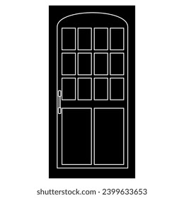 Door silhouette with glass windows and door knob isolated on white background. Vector clipart.