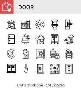 door simple icons set. Contains such icons as House, Lock, Toilet, Logout, Fridge, Bell, Locker, Home, Key, Do not disturb, Safe box, Nightstand, can be used for web, mobile and logo