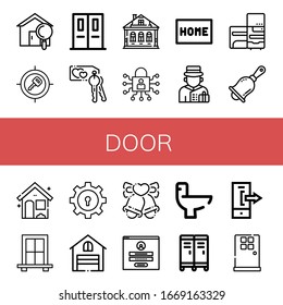 door simple icons set. Contains such icons as House, Key, Emergency exit, Izba, Lock, Doormat, Bellboy, Refrigerator, Handbell, Window, Garage, can be used for web, mobile and logo