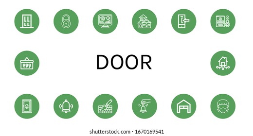puertas simples iconos set. Contiene iconos como Puerta, Bloqueo, Casa, Casa, Inicio, Inicio de sesión, Bell, Trowel, Garage, Lifting, Keys, Smart house, puede ser usado para web, móvil y logotipo