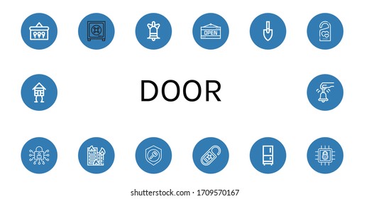 door simple icons set. Contains such icons as Keys, Safe box, Bell, Open, Trowel, Do not disturb, Lock, Building on fire, Key, Fridge, Wooden house, can be used for web, mobile and logo