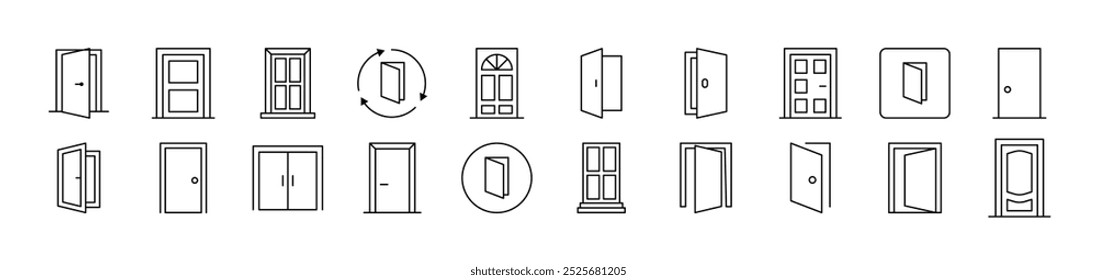 Puerta simple línea aislada iconos Colección. Trazo Editable. Conveniente para los Sitios web, libros, tarjetas, App
