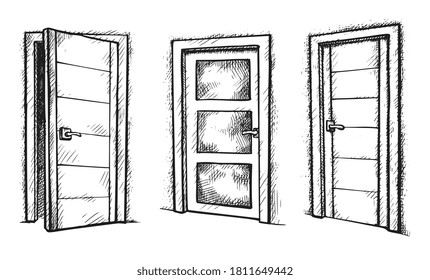 Door sketch. Hand drawn room door opened and closed sketch icon set isolated on white background. Vector apartment doorway different form and design illustration. Sketched element for doodle interior