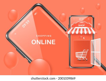 The Door Of The Smartphone Shop Opened. There Is A Shopping Cart Inside. And There's A Smartphone Behind It, And Around It, Balloons Float In The Air,vector 3d Isolated On Pastel Pink Background