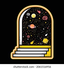 Door to space. Vector abstract hand drawn cartoon illustration. Open door,dream,space,stars,universe,cosmos print for t-shirt,poster,card,sticker concept