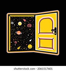 Door to space. Vector abstract hand drawn cartoon illustration. Open door,dream,space,stars,universe,cosmos print for t-shirt,poster,card,sticker concept