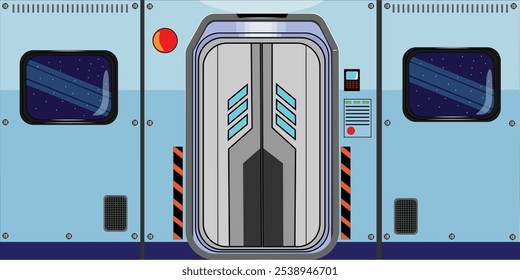 Puerta Nave espacial Espacio Metal Interior Puerta Nave Futurista Futuro Laboratorio de fondo Tecnología de portal de laboratorio dentro de la estación Nave espacial Corredor de Vector digital Bóveda Entrada del transbordador de pared