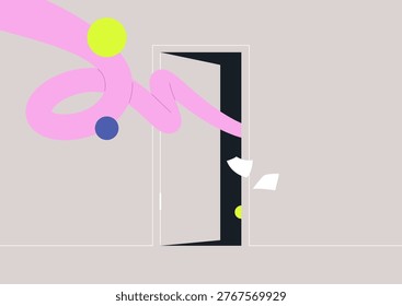 A door stands ajar, inviting exploration, Whimsical colors swirl around, symbolizing freedom and countless opportunities waiting to be discovered, inspiring imagination and curiosity.