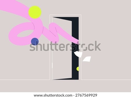 A door stands ajar, inviting exploration, Whimsical colors swirl around, symbolizing freedom and countless opportunities waiting to be discovered, inspiring imagination and curiosity.