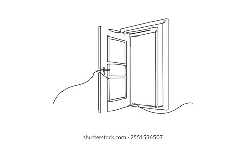 Door stands open against a background. Modern Minimalist One Line Drawing