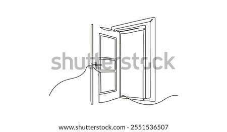 Door stands open against a background. Modern Minimalist One Line Drawing