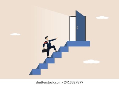 Door step to success, career development or growth and improvement to achieve success, career opportunity concept, businessman employee walking up the stairs to open the door to success.