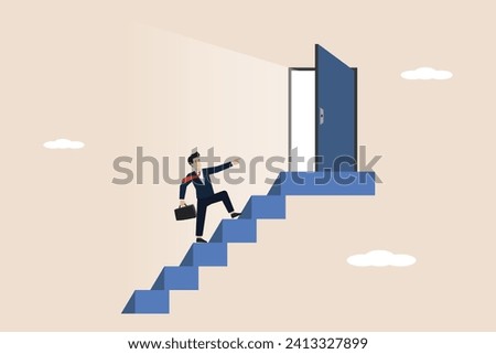 Door step to success, career development or growth and improvement to achieve success, career opportunity concept, businessman employee walking up the stairs to open the door to success.