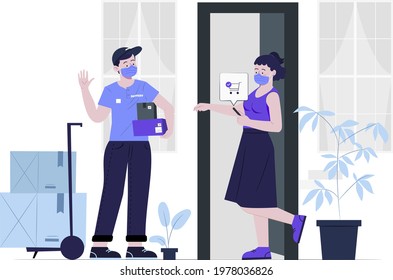 Door steps delivery, delivery man wearing mask delivering cardboard box packages to woman at house door step. Vector illustration of client receiving order, vector illustration.