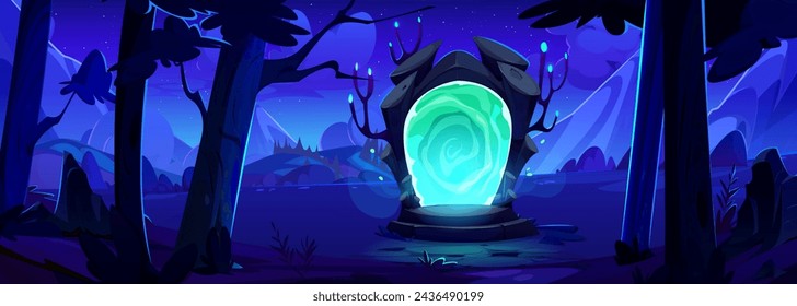 Door with stone arch sills and magic green vortex neon glow portal in forest near mountains at night. Cartoon vector game ui illustration of fantasy wizard teleport gate or entrance to alien world.