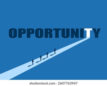 The door to success, Team of businessman walking towards the opportunity waiting