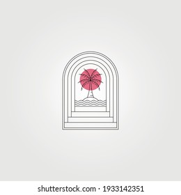 door and sunset palm tree vector logo symbol minimal illustration design, line art style