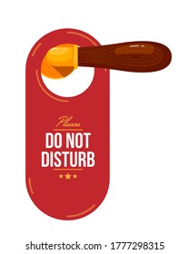 Door tag on wooden door handle. Isolated hotel room closed door red hanger tag with please do not disturb text message icon. Vector privacy warning sign