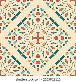 Door tile style seamless vector pattern in the art noveau style of the 1920s with geometric elements in vintage orange, yellow and blue on a beige white background.