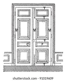 Porta com duas folhas C, Porta, C, moldura, M, Quantidade, P, outdoors, T-rails, vintage gravada ilustração. Dicionário de palavras e coisas - Larive e Fleury - 1895.