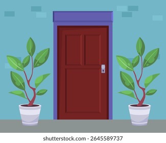 Door and two potted plants on either side. Vector illustration in a flat style