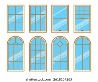 Door type icons Collection in linear style Home entrance doors, classic interior doors, elevators and wooden or glass safes Simple design vector illustration on white background