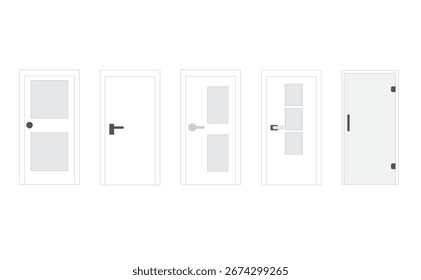 Türtyp Symbole Kollektion im linearen Stil Haustüren, klassische Innentüren, Aufzüge und Tresore aus Holz oder Glas Einfache Design-Vektorgrafik auf weißem Hintergrund