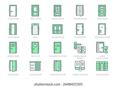 Door types line icon set. Vector illustration include icon - sliding, french, folding, bifold, flush, arch, swing, revolving, hinges outline pictogram for doorway. Green Color, Editable Stroke.