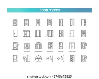 Door Types Line Icons Set. Interior, Entrance, Sliding, Folding, Glass Doors