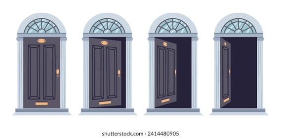 Door in various positions. House entrance door animation, opened and closed wooden doors flat vector illustration set. Close and open door