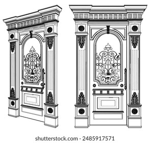 Vector de puerta 14. Ilustración Aislada Sobre Fondo Blanco. Puerta clásica retro antigua.