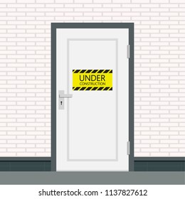 Door vector. free space for text. wallpaper. background. brick wall. under construction. label.