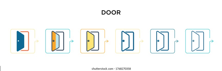 Door vector icon in 6 different modern styles. Black, two colored door icons designed in filled, outline, line and stroke style. Vector illustration can be used for web, mobile, ui