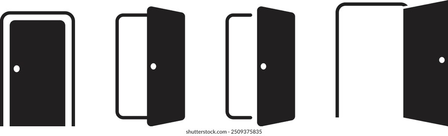 Sammlung von Türvektorsymbolen. öffnen, schließen und öffnen Sie die Tür ein wenig. Türkollektion. Vektorgrafik