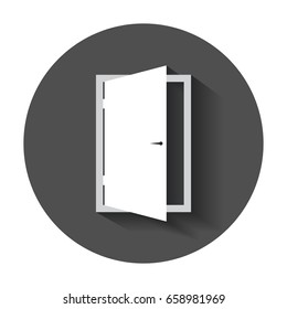 Door vector icon. Exit icon. Open door illustration with long shadow.