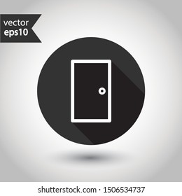 Door vector icon. Exit icon. Door sign. Door with arrow flat symbol. Door line icon. Round sign design with shadow