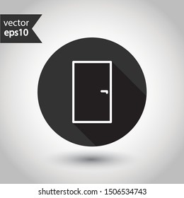 Door vector icon. Exit icon. Door sign. Door with arrow flat symbol. Door line icon. Round sign design with shadow
