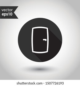 Door vector icon. Exit icon. Door sign. Door with arrow flat symbol. Door line icon. Round sign design with shadow